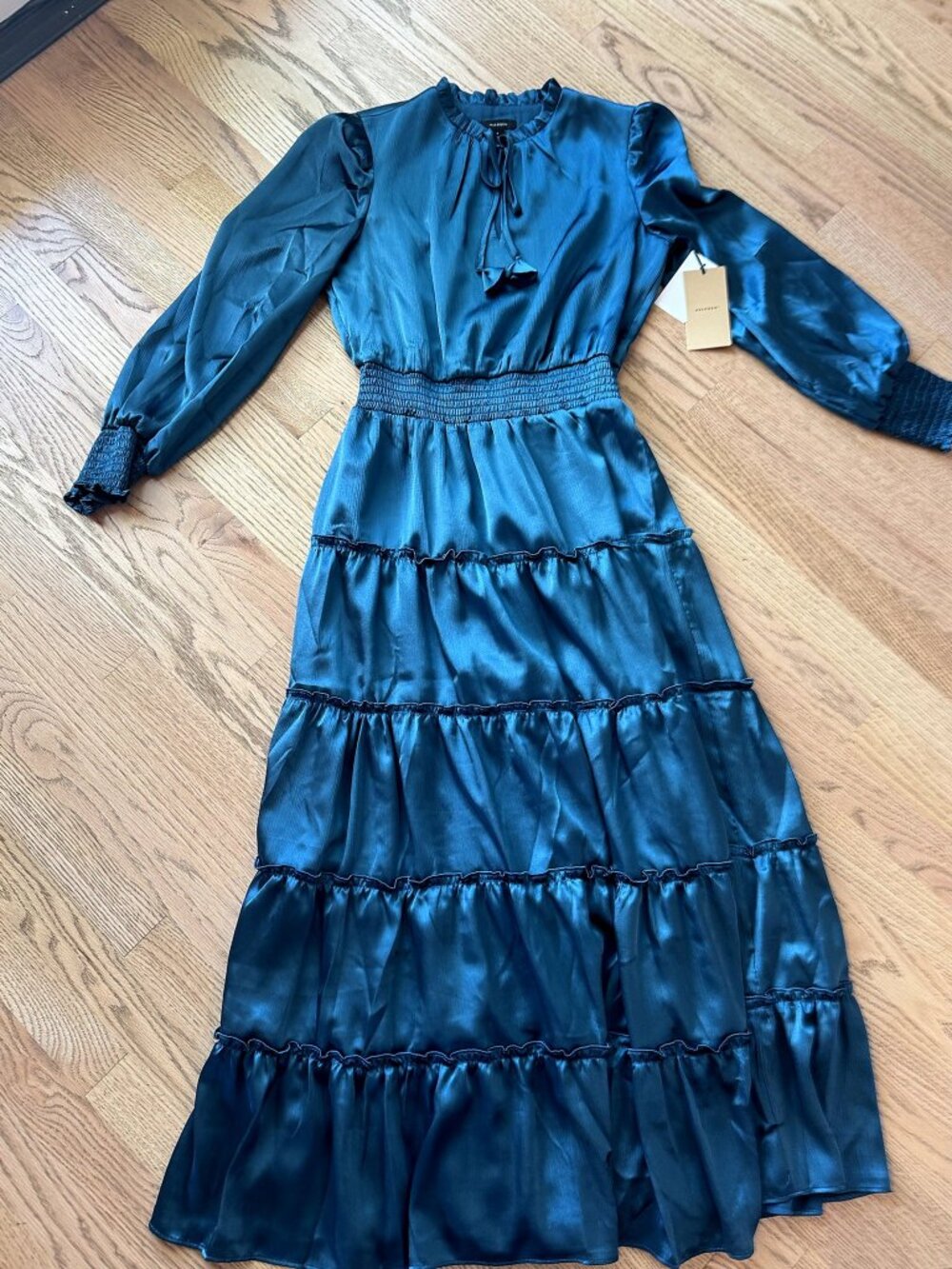 NWT Halogen Teal Satin Tiered Midi Dress Smocked Waist Tie Neck Long Sleeve S